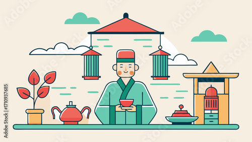 Man in traditional attire holding a bowl with lanterns, teapot and altar around during cultural ritual in flat vector style