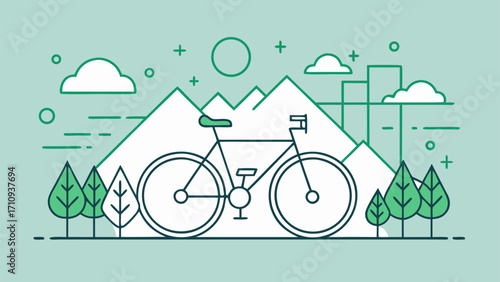 Bicycle in mountain landscape with trees and clouds representing eco transport and outdoor adventure in flat line style
