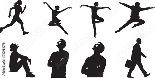 Diverse Silhouettes of People in Motion and Contemplation A Dynamic Composition Exploring Human Activity and Thoughtfulness
