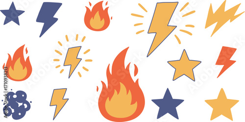 Colorful cartoon lightning bolts stars and flames illustration on transparent background