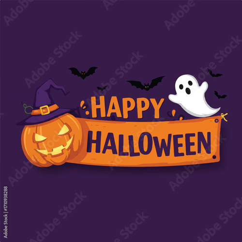 Digital illustration of a Happy Halloween banner with a jack-o-lantern, witch hat, ghost, and bats on a purple background.