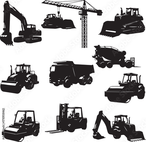 Construction Equipment Silhouette Collection Diverse Machinery for Building and Infrastructure Projects Heavy Duty Vehicles for Various Tasks