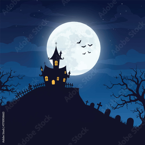 A spooky haunted house sits atop a hill with a full moon shining brightly in the background, surrounded by a graveyard and bare trees on a dark and ominous night.