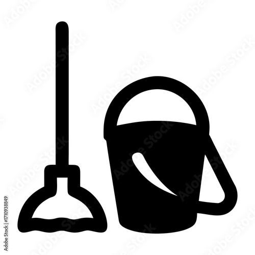 Cleaning supplies icon, bucket with mop for home or commercial use, simple vector illustration for hygiene and maintenance tasks