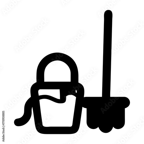 Cleaning Supplies A Black and White Icon of a Bucket and Mop for Household Chores