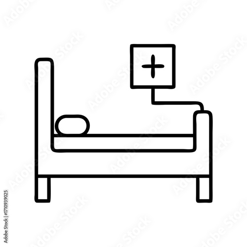 Vector art of hospital bed with iv drip, representing patient care, medical treatment, and healthcare in a simple line drawing