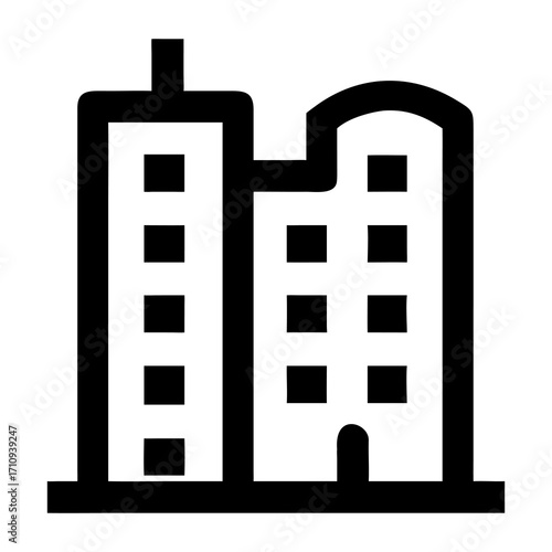 Modern minimalist outline icon representing contemporary architectural structures, ideal for depicting urban development, business centers, or metropolitan cityscapes in graphic design projects