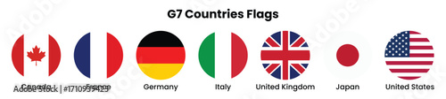 G7 Countries round flags. Canada, France, Germany, Italy, Japan, United Kingdom, & United States