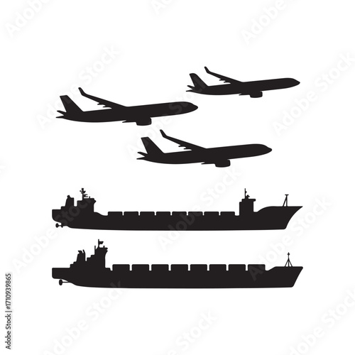 Silhouettes of airplanes and cargo ships isolated on white background