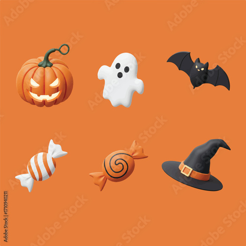 Flat lay of Halloween-themed icons including a jack-o-lantern, ghost, bat, candy, and witch hat on an orange background.