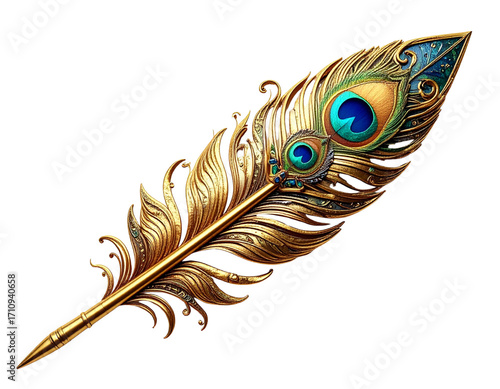 Satin Gold Arrow with Elegant Peacock Feather Details Isolated on Transparent Background