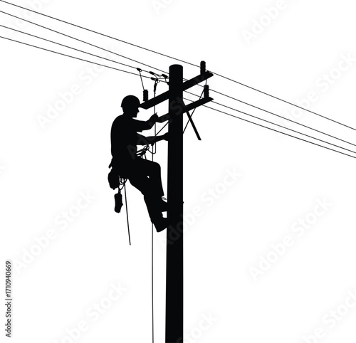 Silhouette of a Utility Lineman Working on a Power Pole with Safety Gear During Electrical LineSilhouette of a Utility Lineman Working on a Power Pole with Safety Gear During Electrical Line
