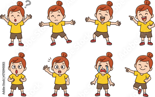Cartoon girl character, emotional expressions, red hair bun, yellow shirt, kids emotions, reaction icons, cute pose, isolated, vector illustration