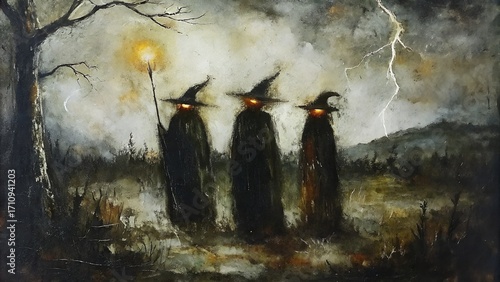 Three witches walking in a spooky landscape holding a torch under lightning strike