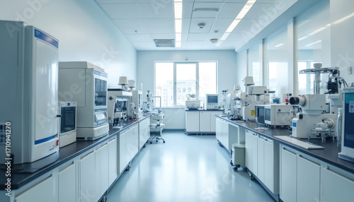 Empty clean lab room with advanced scientific equipment. Interior of workspace for research and development in chemistry, biology, medicine. Modern high tech laboratory with nobody inside at daytime.