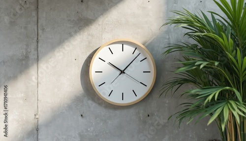 Wallpaper Mural Minimalist wall clock hangs on concrete background. Natural light streams in, casting shadows on wall. Green plant grows beside clock. Modern interior design element. Torontodigital.ca