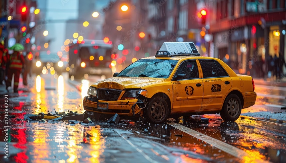 Obraz premium Damaged yellow taxi on road after accident on a rainy night. Incident, insurance claim concept