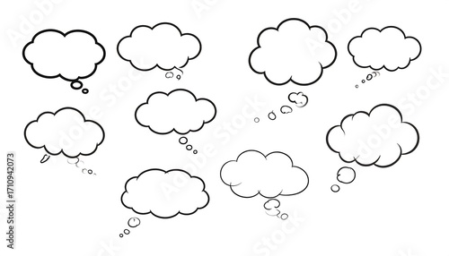 Collection of black and white comic speech and thought bubbles against a plain background.