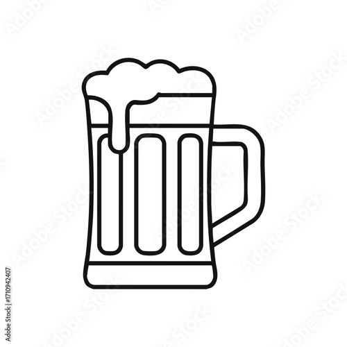 Classic Beer Stein Outline. Crisp white graphic depicts a traditional ale tankard with abundant head. Represents celebration, refreshment, and casual gatherings.