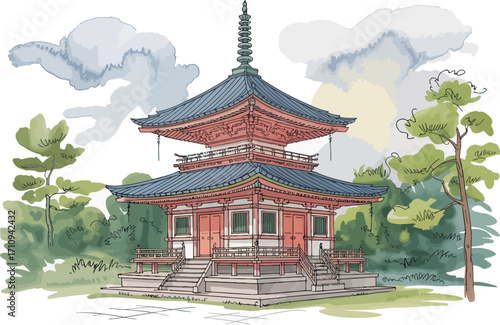 This beautiful watercolor illustration depicts a traditional Japanese pagoda temple, surrounded by serene pine trees and set against a cloudy sky with a hint of sunshine.