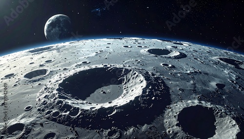 A vast lunar landscape, pocked with craters, is seen from space, with a distant moon in the background.