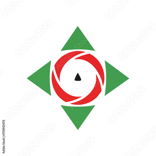 Free Download Dynamic Red Green Geometric Symbol. Vibrant abstract graphic showcasing a crimson vortex encircled by four verdant pointers. Conveys focus, guidance, and energetic progress. - GFXLoad