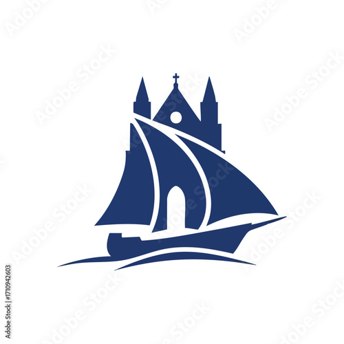 Spiritual Navigation Church Sail Design. This iconic illustration blends a ship and religious structure, symbolizing a profound journey of faith, strong community, or divine guidance.