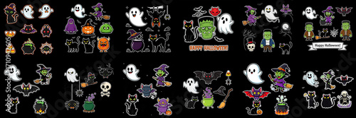 Colorful Halloween-themed illustration featuring ghosts, witches, pumpkins, bats, and black cats, creating a festive atmosphere for seasonal celebrations and decorations
