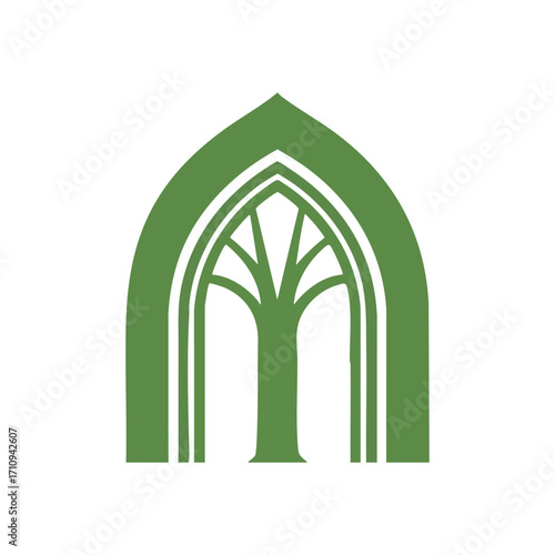 Gothic Arch Tree Symbol. This elegant verdant mark blends a majestic tree with architectural form, symbolizing wisdom, sustainability, and harmonious development.