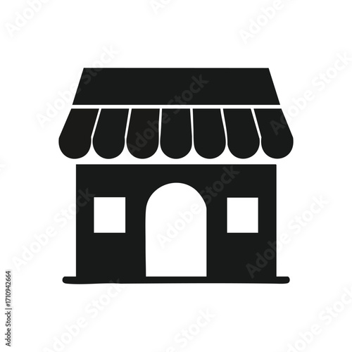 Retail Shop Building Icon. Modern pictogram illustrating a business premises with an awning. Represents commerce, consumer goods, and digital storefronts.