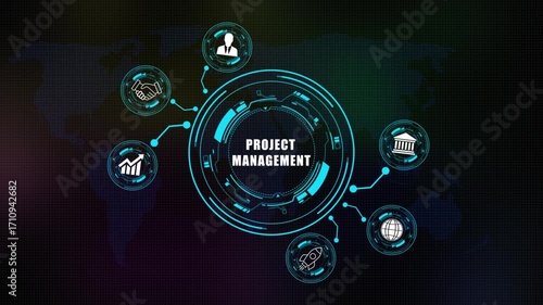 Futuristic Concept of project management  with Digital Network and Global Connectivity on world map background .