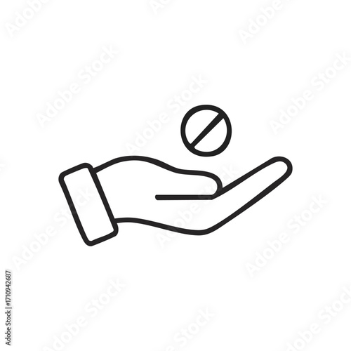 No Medication Hand Icon. Vector graphic showing an open palm with a disallowed pharmaceutical. It symbolizes medical caution, substance avoidance, or rejecting remedies.