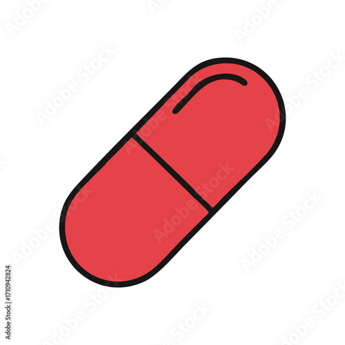Red Capsule Medication Icon. Vibrant scarlet medicine depicted in a simple graphic, representing health, treatment, and pharmaceutical care. This single dose conveys wellness.