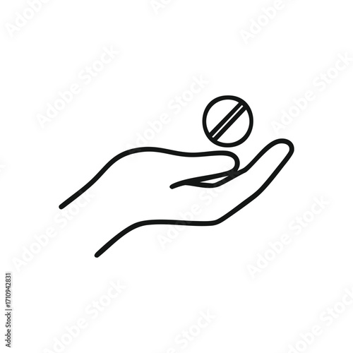 No Drugs Hand Outline. A minimalist illustration of an open palm declining pills. This design represents a responsible health decision, substance prevention, and personal abstinence from narcotics.