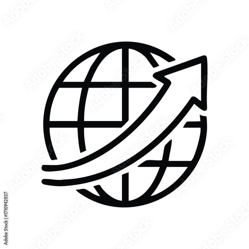 Global Growth Arrow. This compelling icon represents international development and positive advancement. It symbolizes worldwide success, progress, and expanding reach across the planet.