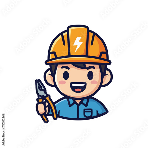 Friendly Electrician Mascot. Cheerful young professional worker wearing a safety hardhat with a lightning emblem, holding a tool. Symbolizes trustworthy electrical assistance.