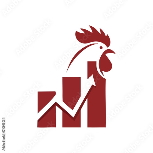 Rooster Business Growth Chart. This emblem portrays a fowl's head integrated with an ascending bar diagram, suggesting swift economic development, increasing profits, and future success.