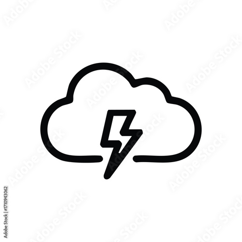 Digital Cloud Computing Power Symbol. Depicts a forceful thunderhead with a jagged flash, representing robust energy, internet services, or imminent weather changes.