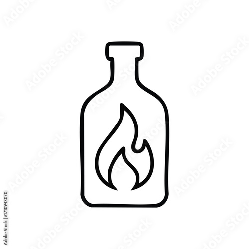 Fiery Bottle Outline Illustration. This graphic portrays a container holding a vibrant flame, conveying concepts of heat, spice, powerful intensity, or profound passion.