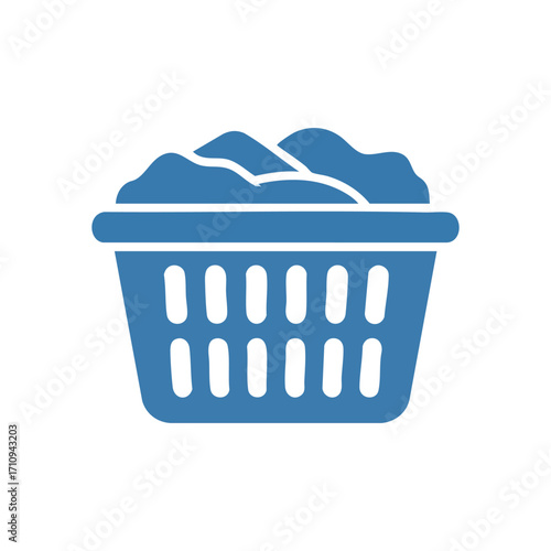 Household Laundry Basket Graphic. Depicts a brimming blue clothes hamper. This icon symbolizes daily domestic duties, organization, and tidiness.