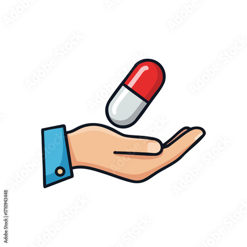 Hand Presents Health Pill. A vibrant illustration of a human palm offering a red and white medical capsule. Symbolizes healing, therapeutic care, and general wellbeing.