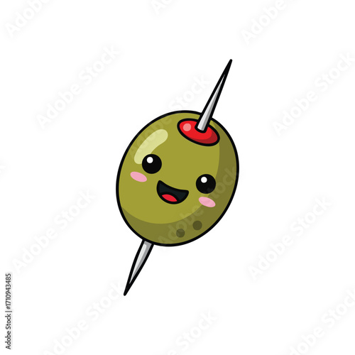 Smiling Kawaii Olive on Pick. Adorable green fruit illustration with a sweet expression, skewered on a small stick. This charming character radiates delight and playfulness.