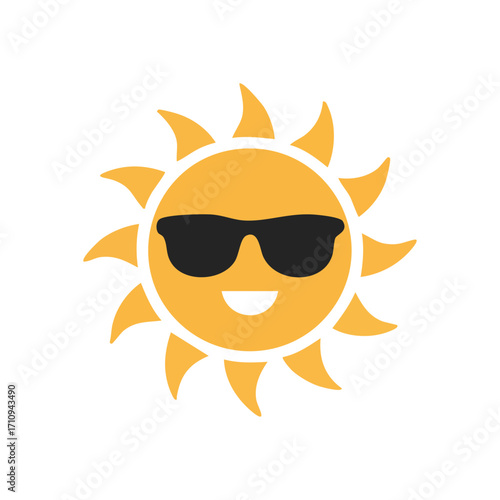 Smiling Sun with Stylish Shades. A vivid graphic of a joyful solar orb wearing dark eyewear. This image conveys warmth, happiness, and a laid back, carefree spirit of summer.