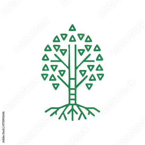 Geometric Green Tree Icon. A vibrant graphic illustration features a verdant arboreal emblem with triangular leaves and intricate roots. It conveys ecological balance and robust progress.