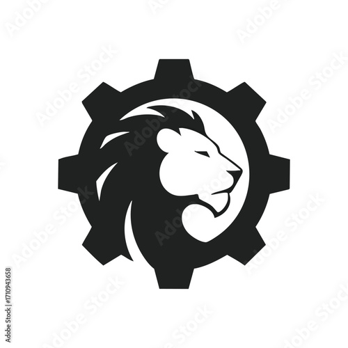 Powerful Lion Gear Emblem. Bold feline silhouette framed by a mechanical cog, signifying strength, industrial innovation, and strategic leadership. Ideal for robust solutions.