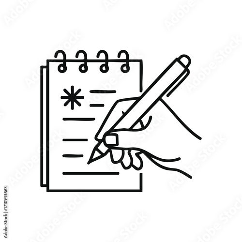 Hand Writing Notes Icon. A human hand holds a pen, diligently making entries on a spiral notebook. This artwork symbolizes planning, learning, task management, and creative ideation.