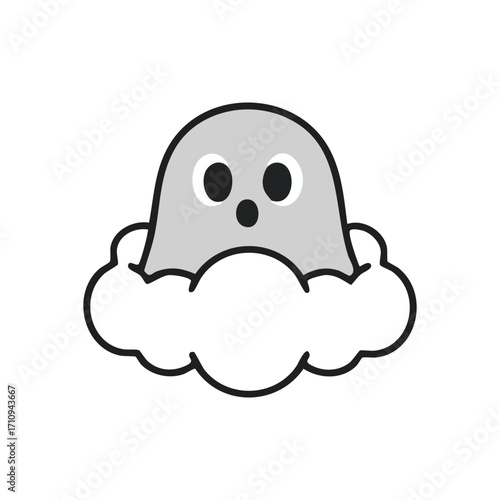 Charming Cloud Ghost Cartoon. An endearing spectral figure emerges from a fluffy sky formation. This sweet illustration conveys innocence and playful surprise, perfect for various designs.