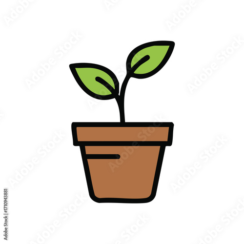 Green Sprout in Brown Pot. A vibrant little seedling emerges from fertile soil within its container, symbolizing new life, nature's gentle renewal, and hopeful progress.