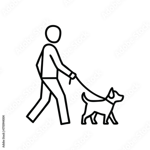 Person Walking Dog Outline. A graphic representation of an individual exercising their beloved pet outdoors, emphasizing companionship and responsible pet ownership.