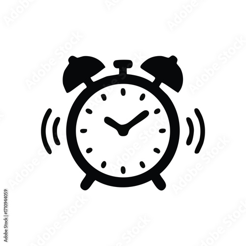 Alarm Clock Ringing Icon. A minimalist black silhouette depicts an awakening timepiece. This graphic conveys urgency, morning alerts, deadlines, and important reminders.